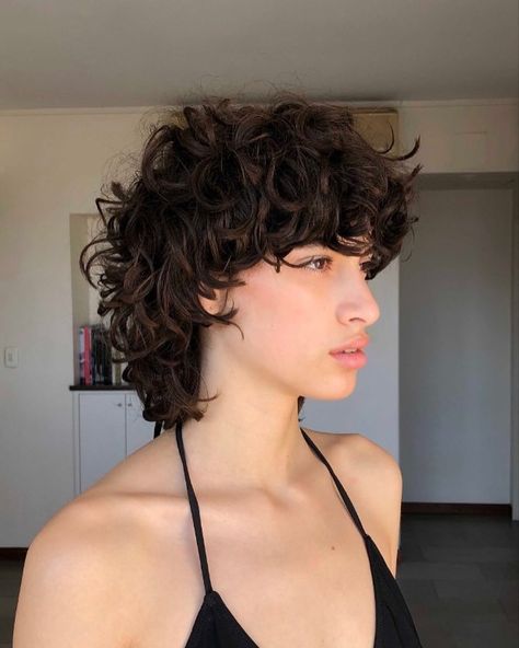 Curly Hair Short Women, Cute Curly Haircuts Short, Layered Curly Hair Short, Short Curly Mullet Women, Curly Wolf Cut Short, Short Curly Mullet, Dyke Hair, Fine Curly Hair Cuts, Curly Mullet Hairstyle Women