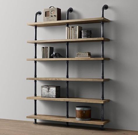 Rustic Shelving Unit, Cafe Interiors, Shelf Industrial, Tools Design, Shelving Solutions, Rh Baby, Masonry Wall, Pipe Furniture, Wood Sample