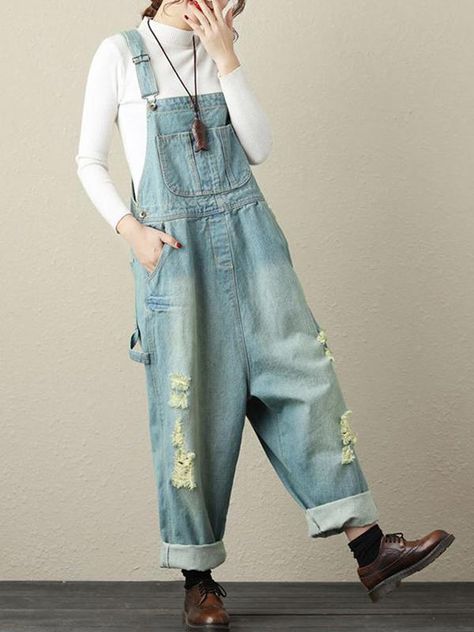 Women’s Ripped Denim Light Blue Casual Baggy Overall Dungarees - Eva Trends Baggy Dungarees Outfit Aesthetic, Ripped Denim Overalls, Baggy Overalls, Baggy Clothes, Skirt Denim, Patchwork Jeans, Skirt Maxi, Modest Clothing, Overalls Women