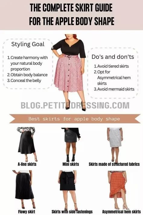 The Complete Skirt Guide for the Apple Body Shape Apple Body Fashion, Apple Shape Outfits Plus Size, Apple Body Shape Clothes, Apple Body Shape Fashion, Apple Body Shape Outfits, A Line Skirt Outfits, Apple Body Shape, Apple Shape Fashion, Apple Shape Outfits