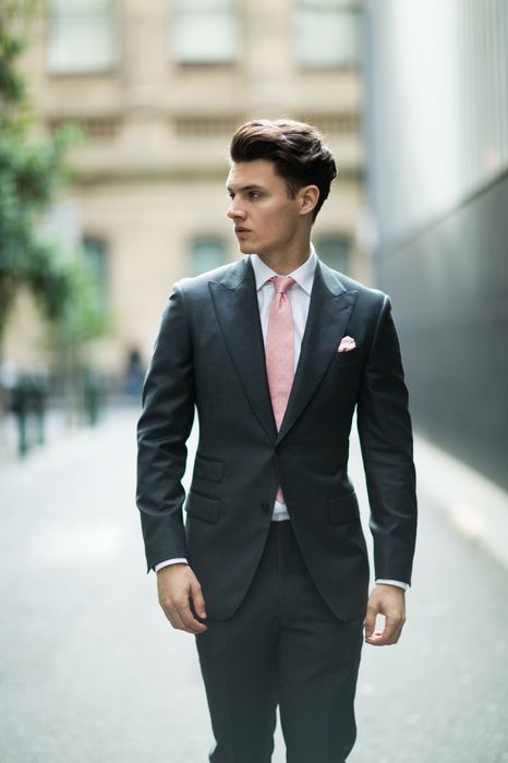 #corporate #suit #corporatesuit #charcoalsuit #greysuit #tie #pink #pinktie #pocketsquare #whiteshirt #shirt #wedding #weddingsuit #woolsuit #australia #melbourne #checksuit #peaklapel Grey Suit Pink Shirt, Men's Tuxedo Styles, Pink Shirt Men, Suited Men, Summer Suits Men, Team Groom, Bespoke Suits, Groom Suits, Suits Style