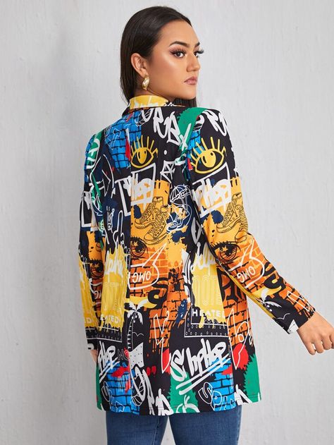 SHEIN Graffiti Print Single Button Blazer | SHEIN USA Reworked Clothes, Reworked Fashion, Women Blazers, Painted Jacket, 80s And 90s Fashion, Shein Icon, Single Button Blazer, Painted Denim, Graffiti Prints