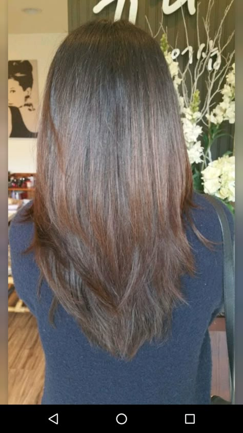 Layer Hair Back View, Pin Straight Hair Layers, Mid Length Hair V Shape, Longer In The Back Haircut, V Haircut Short Hair, Upper Back Length Hair, Triangle Layers Haircut, Triangular Layers Haircut, Layered V Cut Hair Medium