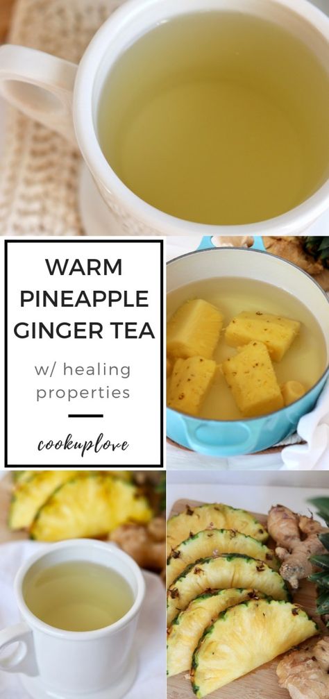 This Pineapple Ginger Tea is healthy with healing powers! It's sweet and delicious- perfect for serving to guests over the holidays or enjoying at home if you're sick. It only has 5 ingredients: filtered water, pineapple, fresh ginger root, lemon juice and sweetener. It's clean eating, vegan, dairy free and paleo! Healing Tea Recipes, Pineapple Tea, Ginger Tea Recipe, Pineapple Ginger, Clean Eating Vegan, Drink Healthy, Tea Drink Recipes, Inflammatory Recipes, Eating Vegan