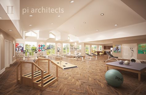 Pi Architects rendering senior living skilled nursing rehab gym Exercise Room, Senior Center, Gym Interior, Nursing Home, Senior Living, Nursing, Architects, Gym, Interior Design