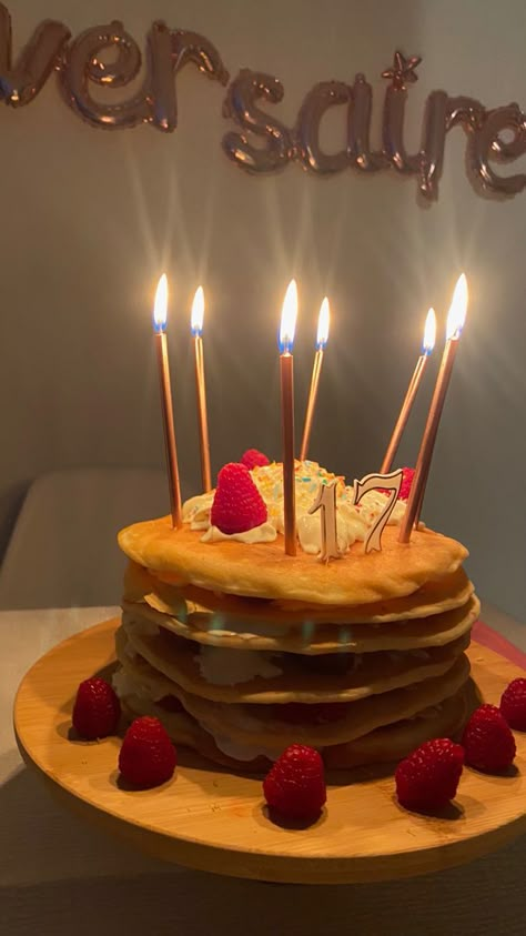 Pancake Birthday Cake Ideas, Happy Birthday Pancakes, Pancakes For Birthday, Pancake Cake Aesthetic, Pancakes Birthday Cake, Birthday Pancakes Aesthetic, Pancake Cake Birthday, Bday Pancakes, Birthday Breakfast Aesthetic