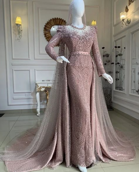 Modest Haute Couture, Dress Wedding Hijab, Evening Dress Modest, Dress Pengantin, Slim Gown, Raya Dress, Malay Wedding Dress, Modest Prom Dress, Beige Embroidery