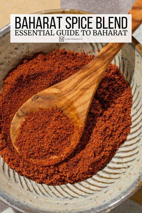 Baharat is a warming Middle Eastern spice blend with paprika, cinnamon, cumin, coriander, allspice, nutmeg and more. Learn all about baharat spice in this essential guide! Za'atar Recipe, Dry Seasoning Mixes, Best Mediterranean Recipes, Vegan Indian Food, Mediterranean Seasoning, Vegan Chocolate Pudding, Mediterranean Diet Recipes Dinners, Mediterranean Spices, The Mediterranean Dish