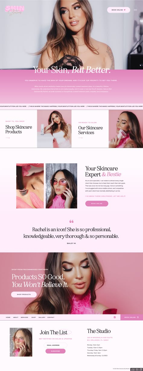 Pink And Black Website Design, Esthetician Email Marketing, Beauty Website Banner, Website Esthetics, Beauty Spa Website Design, Hot Pink Website Design, Skin Care Website Design Inspiration, Pink Website Design Inspiration, Esthetician Website Design