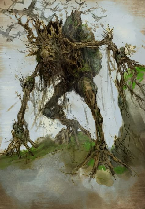 In a fairy community, all trees are magical and sacred to them, however not all are sentient. In fact only a few are found to be. These are treemen and/or treewomen. Treefolk, as they are called, can take on humanoid shape and move a short distance from their tree, or, in extreme cases, uproot the entire tree and use the roots as a shuffling form of locomotion. In their humanoid form, Treefolk are often described as resembling their tree. Tree Monster, Plant Monster, Monster Illustration, Forest Creatures, Monster Concept Art, Game Concept Art, Fantasy Monster, Game Concept, Monster Design