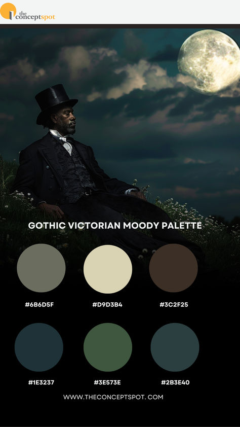 Handsome gentleman dressed in a tux and top hat sits on a hill sprinkled with small flowers at night. A full moon peeks out behind clouds. Haunted Forest Color Palette, Witchy Color Palette Bedroom, Dark Green Blue Color Palette, Haunted House Color Palette, Victorian Gothic Color Palette, Moody Green Color Palettes, Goth Colour Palette, Gothic Colour Palette, Moody Fall Color Palette