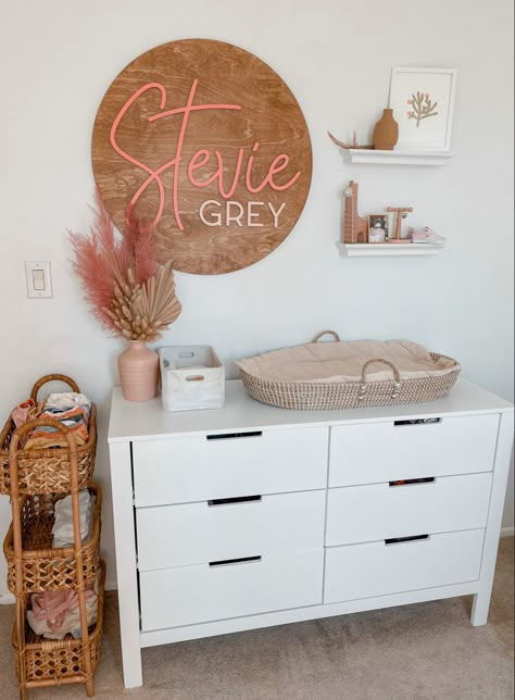 Pink White Natural Wood Nursery, Boho Nursery Dresser Decor, Western Boho Nursery Ideas, Girly Western Nursery, Terracotta Nursery Girl, Girl Nursery Ideas Boho, Boho Changing Table, Boho Chic Nursery Girl, Girl Boho Nursery Ideas