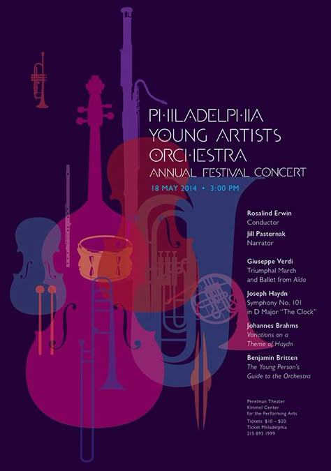 Philadelphia Youth Orchestra (PYO) posters for the performance's at the Kimmel Center for the Performing Arts, Philadelphia. Recital Poster, Classical Music Poster, Flyer Inspiration, Concert Poster Design, Music Concert Posters, Concert Flyer, Jazz Poster, Music Festival Poster, Music Poster Design