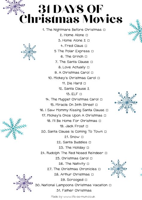 December Movies List, Christmas Movies To Watch Every Day Of December, Christmas Movies Marathon, Movies To Watch In December, Movies To Watch List Christmas, Winter Movie Bucket List, Netflix Movies To Watch Christmas, Christmas Movies List Aesthetic, Christmas Film List