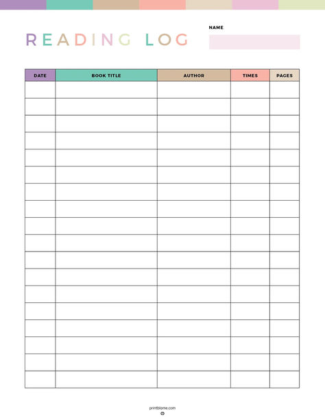 A free kids reading log PDF featuring columns for date, book title, author, times read, and pages to track reading progress. Weekly Reading Log Printable Free, Homeschool Structure, Reading Log Printable Free, Book Reading Log, Homework Ideas, Reading Log Printable, Reading Logs, What To Do When Bored, Middle School Reading