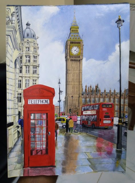 London Painting Aesthetic, London Painting Acrylic, London Street Painting, Sunset Canvas Painting, London Painting, Abstract Pencil Drawings, Modern Art Canvas Painting, Indian Art Gallery, Telephone Booth