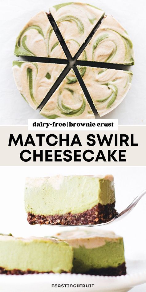 Luscious no-bake Matcha Cheesecake – your favorite latte transformed into an easy vegan treat with a brownie crust and vanilla swirls on top! Matcha No Bake Cheesecake, Matcha Cheesecake Recipe, Brownie Crust, Matcha Baking, Cheesecake With Chocolate, Bake Ideas, Matcha Cheesecake, Matcha Recipes, Cheesecake Vegan