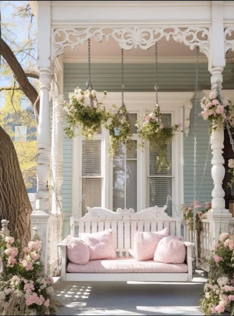 Victorian Homes Pink, Pink Mediterranean House, Shabby Chic Exterior, Shabby Chic House Exterior, Victorian Houses Exterior, Victorian House Aesthetic, Victorian Cottage House, Victorian Aesthetic Home, Victorian Patio