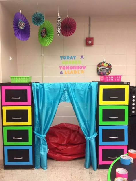 My reading nook/calm down area for those with special needs Filing Cabinet Reading Nook, Calming Corner Ideas, Calming Corner, Sped Classroom, Corner Ideas, Calm Down Corner, Classroom Makeover, Resource Room, New Classroom