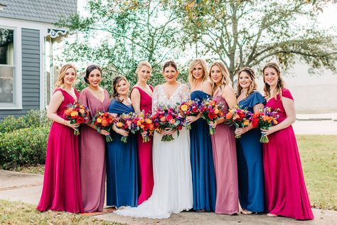 Mismatched Bridesmaid Dresses in Mauve Raspberry Royal Blue Colors with vibrant floral for an Anthropologie-chic wedding designed by Epoch Co+ | Micro Wedding Private Estate College Station Wedding Planners Epoch Co+ | Photos by Houston Wedding Photographers Bonner Rhae Magenta Bridesmaid Dresses Mismatched, Fuscia Bridesmaids Dress, Raspberry And Blue Wedding, Magenta And Navy Blue Wedding, Vibrant Bridesmaid Dresses, Alia Wedding, Magenta Bridesmaid Dresses, Bright Bridesmaid Dresses, Fuschia Bridesmaid Dresses