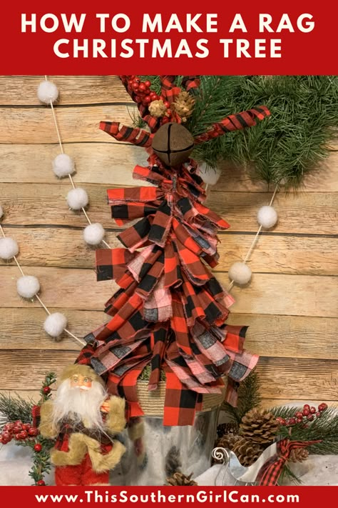 Rag Strip Christmas Tree, How To Make Rag Christmas Trees, Rag Fabric Christmas Trees, Rag Trees Christmas Diy, Diy Rag Tree, Christmas Rag Tree, Rag Christmas Tree Fabric Strips, Rag Wreaths How To Make A, Rag Christmas Tree Diy