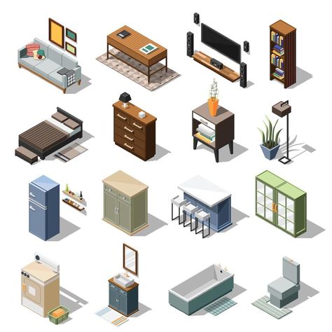 Isometric Apartment, Isometric Furniture, Isometric Interior, Furniture Illustration, Interior Elements, Isometric Drawing, Modern Style Furniture, Isometric Art, Loft Interiors