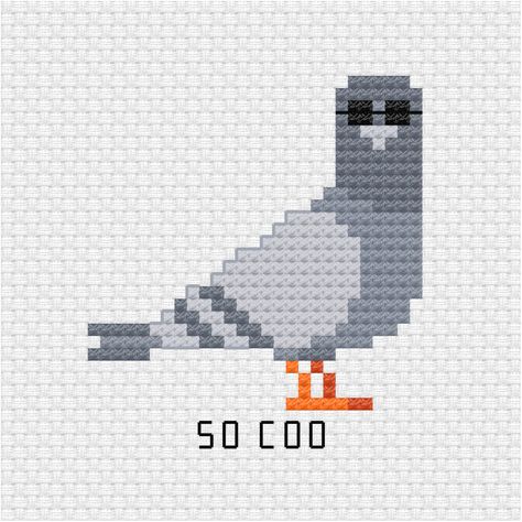 This cool pigeon wearing sunglasses is the latest addition to pun cross stitch pdf pattern series I am designing for my patrons. So coo cross stitch pdf pattern - Ringcat Pigeon Embroidery Pattern, Pigeon Knitting Pattern, Pigeon Cross Stitch Pattern, Pigeon Cross Stitch, Pigeon Pixel Art, Cute Cross Stitch Patterns Free, Goose Cross Stitch, Cross Stitch Patterns Modern, Small Cross Stitch Patterns