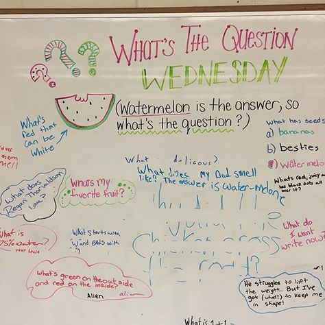 WHAT'S THE QUESTION WEDNESDAY Watermelon is the answer. What is the question ? #miss5thswhiteboard Wednesday Whiteboard, Whiteboard Writing, Whiteboard Prompts, Whiteboard Questions, Whiteboard Ideas, Whiteboard Messages, Responsive Classroom, Morning Activities, Morning Meetings