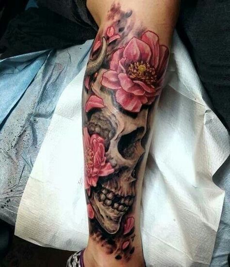 Skull Skull And Flower Sleeve Tattoos For Women, Skull Flower Shoulder Tattoo, Skull Flower Arm Tattoo, Girly Skull Tattoos Flowers Half Sleeves, Skull Flower Tattoo Color, Upper Half Sleeve Tattoos, Floral Skull Tattoos, Unique Half Sleeve Tattoos, Cool Half Sleeve Tattoos