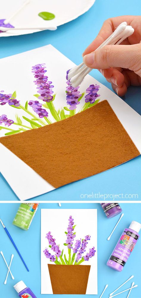 Easy Mothers Day Craft For Kids, Spring Day Art For Kids, Lilac Crafts For Kids, Arts And Crafts For Spring, Purple Colour Day Craft, Elderly Crafts Assisted Living, Cotton Tip Painting, Toddler Flower Art, Mother’s Day Painting For Kids