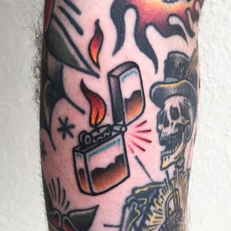 Spencer Harrington on Instagram: “Another freehand filler session on my boy Max last month 🔥 getting close dude. As always, thanks for the dedication” Old School Tattoo Gap Fillers, American Traditional Zippo Tattoo, Traditional Gap Filler Tattoo Ideas, Old School Lighter Tattoo, American Traditional Lighter Tattoo, Trad Tattoo Gap Fillers, Trad Gap Filler Tattoos, Lighter Tattoo Traditional, American Traditional Gap Filler Tattoos