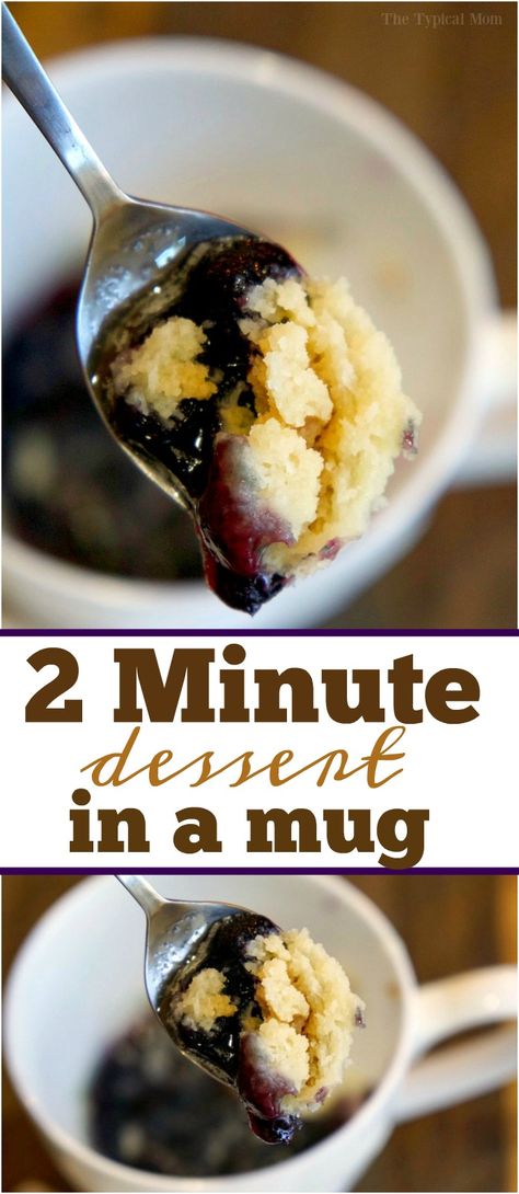 This cobbler dessert in a mug is fantastic! Tastes like blueberry or strawberry cobbler and just takes less than 2 minutes to make this dessert for one. via @thetypicalmom Mug Cobbler, Cookie For One, Dessert For One, Dessert In A Mug, Mug Cookie, Microwave Dessert, Muffin In A Mug, Strawberry Cobbler, Cookie In A Mug