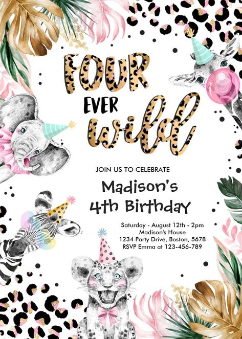 Four Ever Wild Leopard Safari Animals 4th Birthday Invitation 4 Girl Birthday Party Ideas, Kids 4th Birthday Party Ideas, Girls 4th Birthday Party Themes, 4th Bday Party Girl Theme, 4th Girl Birthday Party Themes, 4th Girl Birthday Party Ideas, Birthday 4 Girl, Fourever Wild Birthday Party Girl, Girl Fourth Birthday Party Ideas