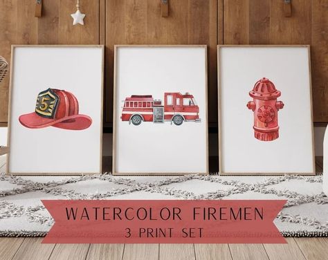 View Nursery Wall Art by DearestFoxCreations on Etsy Fireman Nursery, Firefighter Nursery, Fire Truck Nursery, Truck Nursery, Firefighter Baby, Fire Helmet, Trucks Print, Baby Inspiration, Fire Truck