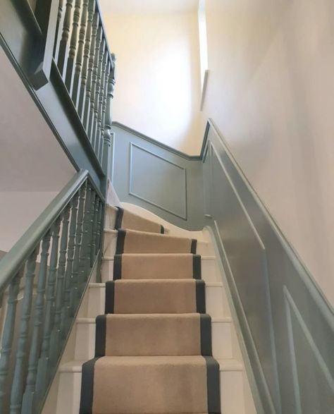 Panelled Staircase, School House White, Stairs And Hallway Ideas, Blue Hallway, Dining Room Colour Schemes, Staircase Art, Alcove Shelving, Wimborne White, Oval Room Blue