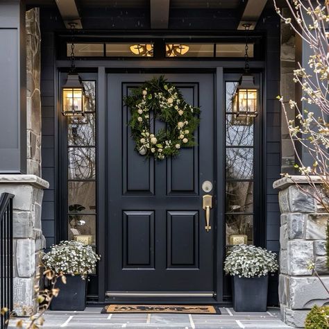 Luxury House Entrance Exterior, Front Door Statement, Charming Front Door, Solid Double Front Doors, Black Front Doors Interior Entryway, Black Door Entrance, Traditional Front Doors Entrance, House With Black Front Door, Front Door Ideas Black