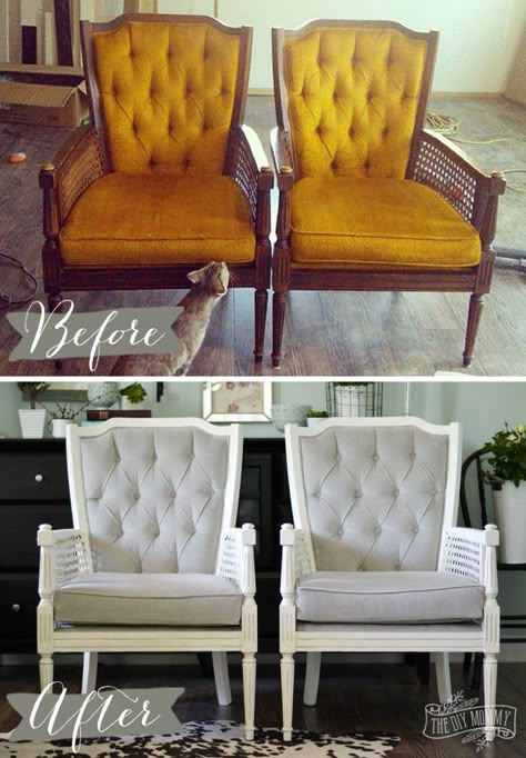 Vintage midcentury cane chairs painted white and reupholstered in grey cotton velvet. Cane Chairs Painted, Vintage Cane Chair, Cane Chairs, Pair Of Chairs, Reupholster Chair, Reupholster Furniture, Cane Chair, Chair Makeover, Furniture Rehab