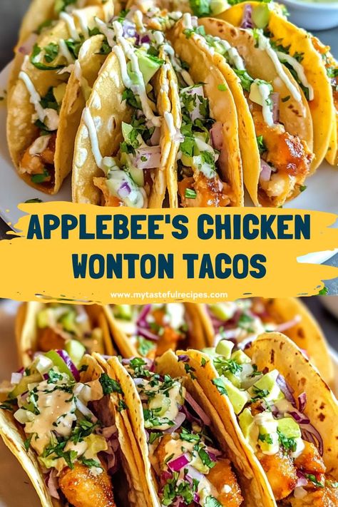 Ready in minutes, these Chicken Wonton Tacos are a crowd-pleaser! Crispy, flavorful, and topped with a creamy sauce, they’re perfect for parties or a casual dinner at home. Wonton Tacos Recipe, Cranberry Orange Cheesecake, Chicken Wonton Tacos, Wonton Tacos, Chicken Wontons, Crispy Wonton, Chicken Protein, Wontons, Savory Chicken