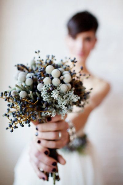 Rustic New Year’s Eve: Silver bruin, hap fiddleheads, privet berry + kochia - Fresh Flower Wedding Accessories + Hairstyles from Verbena Floral Design - Photography by Jenna & Tristan Nye Bouquet, Diy Winter Bouquet, Juniper Berry Bouquet, Male Bouquet, Blue Winter Bouquet, Winter Foliage Bouquet, Dried Winter Bouquet, Privet Berry, Hygge Crafts