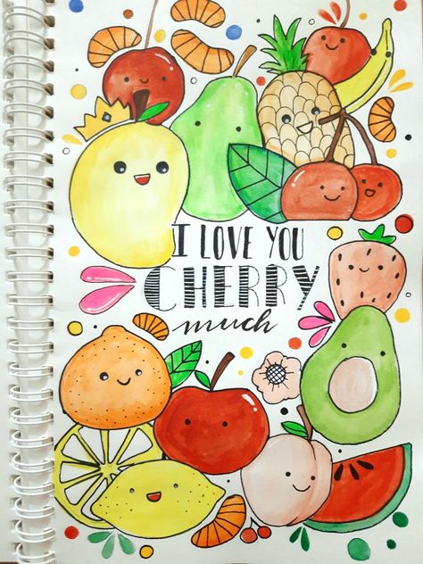 Front Page Doodle, Creative Title Page Design, Vegetable Doodles, Fruit Paintings, Beginner Drawing, Book Painting, Front Page Design, Doodles Drawings, School Scrapbook