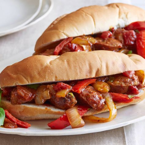 Highest Rated Recipes, Giada De Laurentiis Recipes, Healthy Breakfast Sandwich, Sausage Peppers And Onions, Italian Street Food, Sausage Peppers, Meatball Sandwich, Italian Sandwich, Sweet Italian Sausage