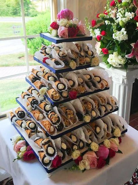 Nontraditional Wedding Cake, Cannoli Tower by The Casual Gourmet Cannoli Tower Wedding, Cannoli Wedding Display, Cannoli Wedding Cake, Cannoli Display, Wedding Cannoli, Cannoli Tower, Brunch Wedding Cake, Unconventional Wedding Cake, Cake Engagement