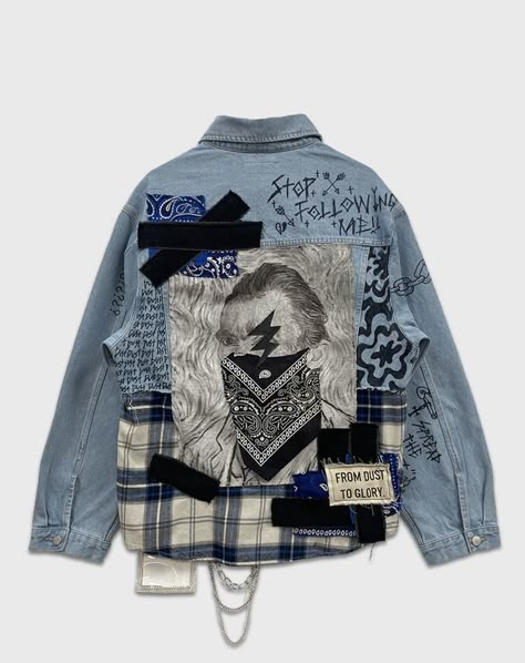 Jean Jacket Art Ideas, Jaket Jeans Custom, Streetwear Moodboard, Grunge Denim Jacket, Denim Jacket Diy, Mens Jean Jacket, Reworked Jacket, Reworked Clothes, Magic Clothes