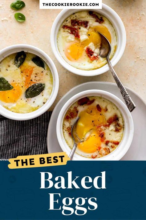 Baked Eggs are a quick and simple dish that only requires a couple of basic ingredients and 15 minutes in the oven. You can create endless variations on these easy baked egg cups by mixing in your favorite ingredients. It's the best way to cook eggs when everyone wants their own unique version for brunch or breakfast! Egg In A Hole Oven, Eggs Baked In Oven, Bake Eggs In Oven, Baked Eggs Oven, Eggs In Ramekins, Bake Eggs, Oven Baked Eggs, Eggs In Oven, Baked Egg Cups