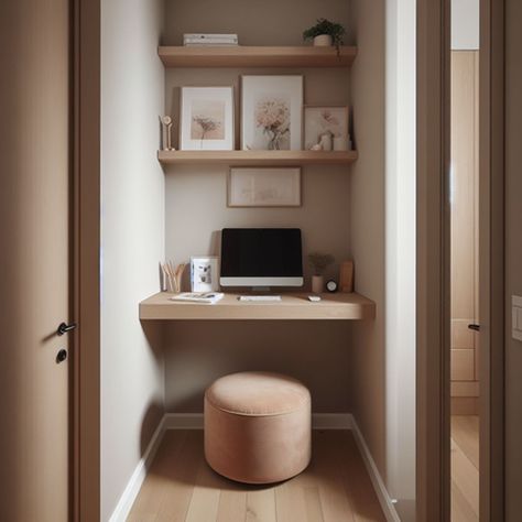 Neglected Nooks: Creative Solutions for Tricky 'Dead Spaces' in Your Home — Michael Helwig Interiors Study Nook Ideas Bedroom, Office In Small Closet, Secret Nooks In Houses, Corner Desk Nook, Storage Nook Ideas, Understairs Desk, Closet Desk Nook, Desk Nook In Bedroom, Desk Inside Closet