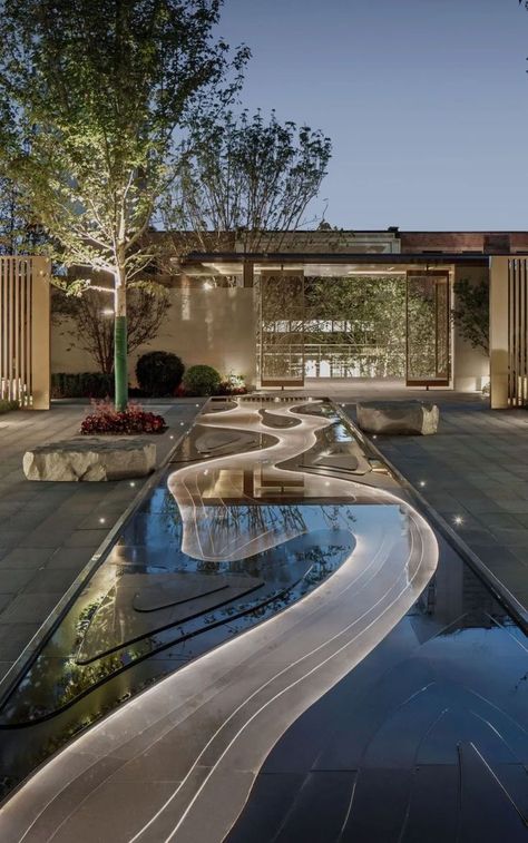 Hotel Water Feature, Water Body In House, Waterbody Landscape, Outdoor Water Features Landscaping, Water Landscape Architecture, Water Interior Design, Interior Water Feature, Water Features Landscape, Modern Pond