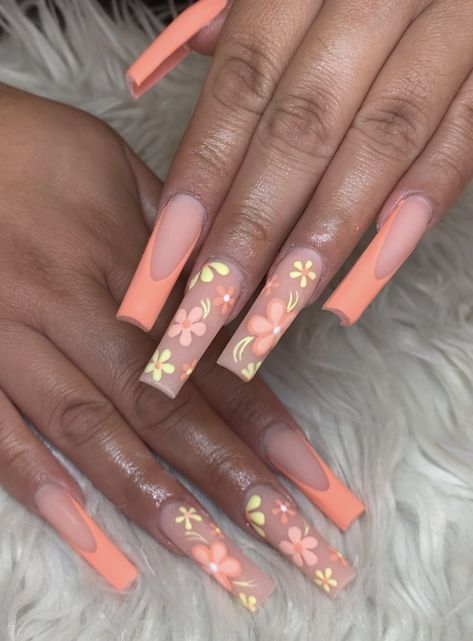 Simple Spring Acrylic Nail Designs, Spring Theme Nails Acrylic, Medium Acrylic Nails Spring, Spring Nails Acrylic Coffin Long Simple, Long Acrylic Spring Nails, Spring Nails Long Acrylic, Spring Medium Nails, Gel X Spring Nails, Long Floral Nails