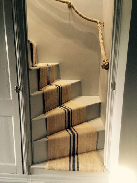 Stair runner striped grain sack Suffolk cottage England Country Cottage Carpet, Stair Carpet Runners Ideas, Grain Sack Stair Runner, Cottage Bannister, Cottage Handrail, Cottage Staircase Ideas, Cottage Landing, Cottage Stairway, Cottage Carpet