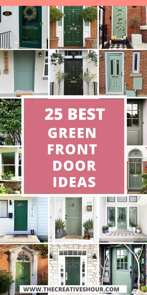 Revitalize your home's exterior with a range of green front door colors that exude vitality and charm. From pairing beautifully with brick houses to adding a pop of color against white or grey backdrops, green doors redefine curb appeal. Elevate the aesthetics by coordinating with shutters for a cohesive look. Even indoors, a green front door adds a touch of nature-inspired elegance to your space. Green Front Door And Shutters, Hunter Green Door Exterior, White House Green Door Exterior, White House Green Front Door, Black And White House Front Door Color, Front Door Green Colors, Front Door Color Brick House, Green House Front Door Color Ideas, Green Front Door White House Black Shutters