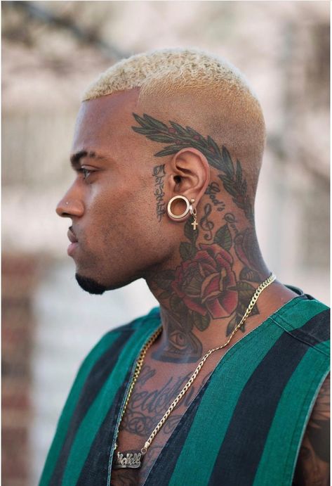 Hairline Tattoo, Undercut Tattoos, Hairline Tattoos, Scalp Tattoo, Animal Sleeve Tattoo, Dyed Hair Men, Ear Stretching, Back Piece Tattoo, Back Of Neck Tattoo